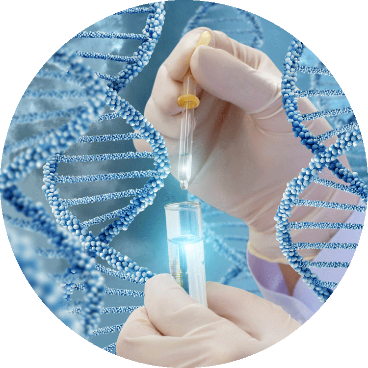 Illustration of technician's hand with test tube overlaid with DNA