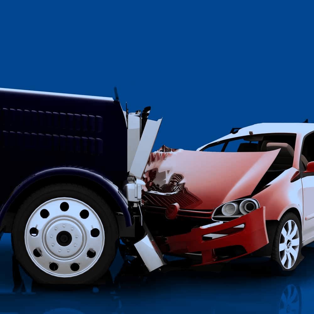 3-D representation of a front-end collision between a truck and car