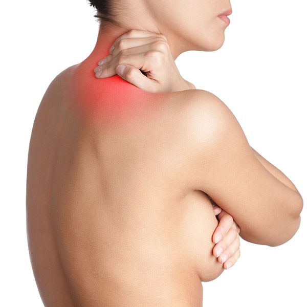 Woman holding neck showing red for pain