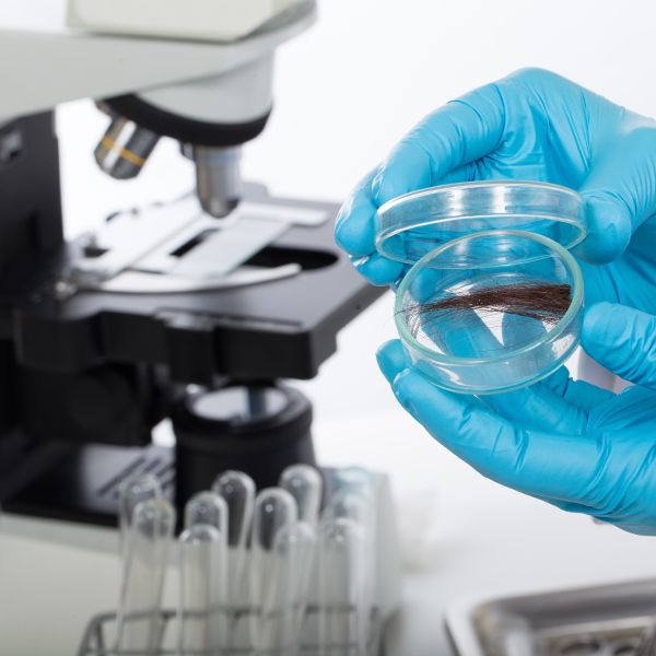 Hair sample in medical specimen container