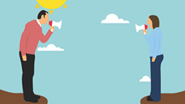 Drawing of man and woman on opposite cliffs yelling through loudspeakers