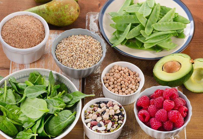 Healthy foods including whole grains, legumes, vegetables and fruits