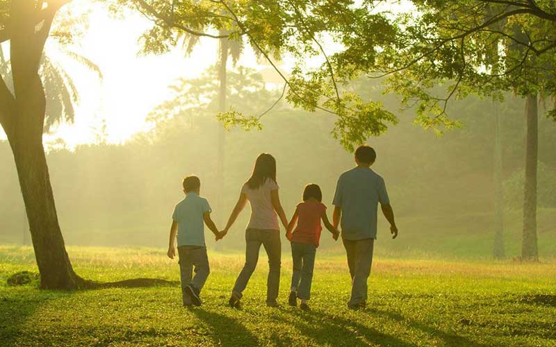 Photo of a family walking hand in hand through a park