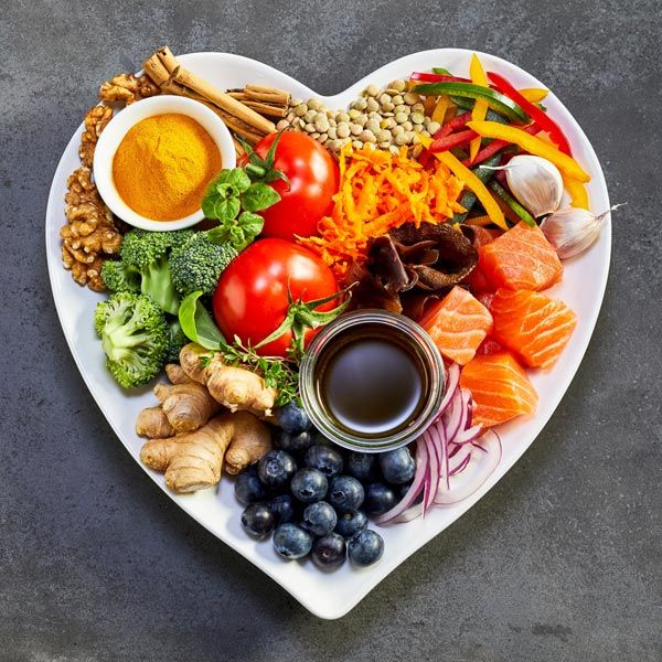 A heart shaped plate full of a balanced diet